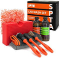 SPTA Car Wash Kit, Clean & Car Wash Kit (9 Items, Including 2-16oz. Car Wash Shampoo, 1Pc Microfiber Mitts,1Pc Red Car Wash Sponge, 2Pcs 16"x16" Microfiber Detail Towels and 3Pcs Car Detail Brush by SPTA