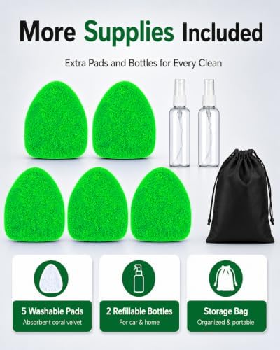 25.5" Extra-Long Reach – Super Absorbent Coral Velvet Windshield Cleaner Tool, Streak-Free Windshield Cleaning Tool Kit with 5 Pads, 2 Spray Bottles & Storage Bag for Auto Glass & Home Windows, Green - Image 4