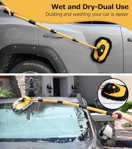 anngrowy 56.7" Car Wash Brush Mop Kit Mitt Sponge with Long Handle Car Cleaning Supplies Kit Tools Car Washing Duster Exterior Scratch Free, Chenille Replacement Head Extension Pole - Image 3