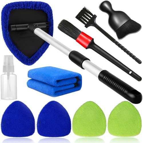Qydipclin 10pcs Windshield Cleaning Tool Inside Car Window Cleaner Wash Kit with 4 Reusable Microfiber Pads 1 Spray Bottle and Extendable Handle Interior Auto Glass Wiper Kit, Blue&Green by Qydipclin