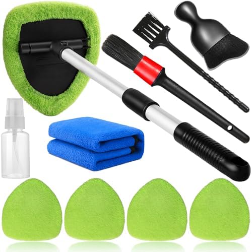 Qydipclin 10pcs Windshield Cleaning Tool Inside Car Window Cleaner Wash Kit with 4 Reusable Microfiber Pads 1 Spray Bottle and Extendable Handle Interior Auto Glass Wiper Kit, Green by Qydipclin