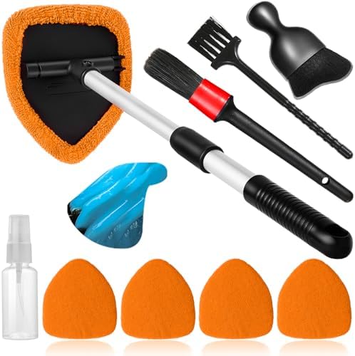 Qydipclin 10pcs Windshield Cleaner Tool, Car Window Cleaning Wash Kit with 4 Reusable Microfiber Pads 1 Spray Bottle and Extendable Handle Auto Glass Wiper Kit, Orange by Qydipclin