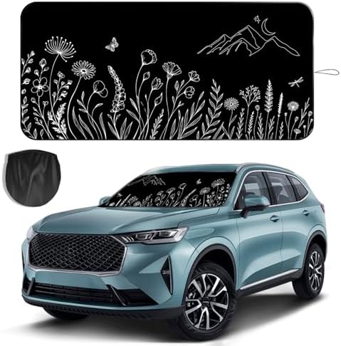 Windshield Sun Shade for Car, 63"x28.5" Universal Fit Front Window Sunshade with Double Steel Ring Frame, Car Sun Shade, UV Protection Windshield Cover with Storage Pouch (Line Flowers) by OYIXIO
