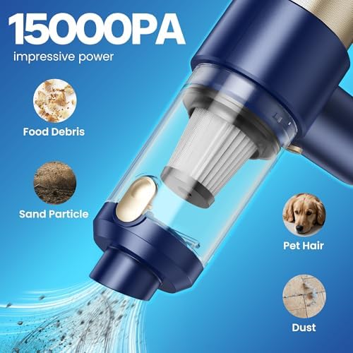 Car Vacuum Handheld Vacuum Cleaner, 15000PA Suction, Mini Vacuums with Air Duster and Blower, Portable Hand Held Vacuum for Car, House, Crumbs, Hair (Blue) - Image 2