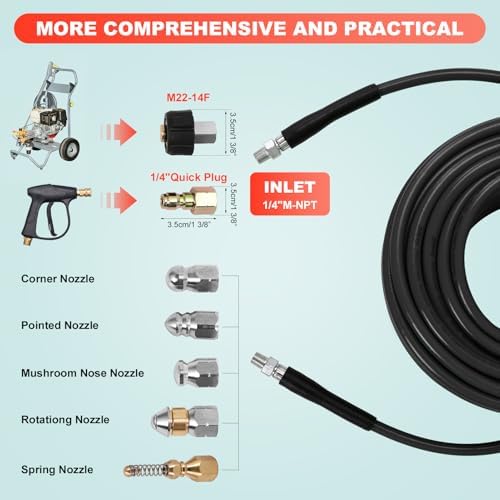 Sewer Jetter Kit for Pressure Washer,Water Jet Drain Cleaning Hose with Corner Rotating Button Spring Nose 1/4" NPT Sewer Cleaning Tool High-Pressure Nozzles,5800 PSI 50 FT - Image 3