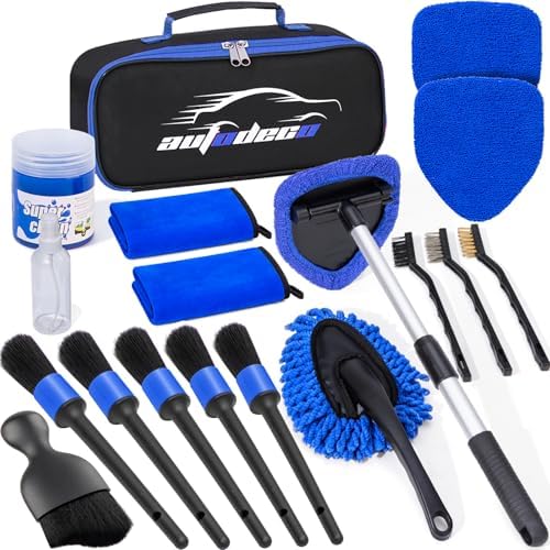 Windshield Cleaner Tool, 17Pcs Car Interior Detailing Kit, Detailing Brush, Towels, Duster, Car Cleaning Kit Interior for RVs, Truck, Trailer (Blue) by AUTODECO