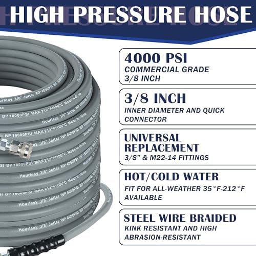 Hourleey Pressure Washer Hose 100FT, Kink Resistant High Tensile Wire Power Washer Hose, Rubber Wire Braided with 3/8" Quick Connect for Hot/Cold Water, 4000 PSI, Gray - Image 5