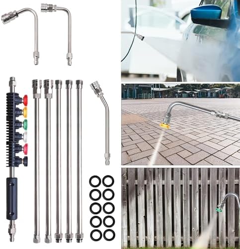 LIULO TOOL 9 Pack Pressure Washer Extension Wand, Stainless Steel Power Washer Lance with 6 Nozzle Tips for Gutter Cleaning, 3 Gutter Cleaner Attachments Curved Rod, 1/4 inch Quick Connect, 4000 PSI - Image 2