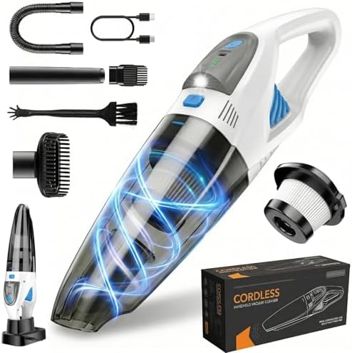Handheld Vacuum Cordless, 25000Pa Powerful Suction Car Vacuum Portable Cordless with 8000mAh Battery & LED Light, Hand Held Vacuum Rechargeable with HEPA Filters, Home, Car Seats, Pet Hair White by Unknown