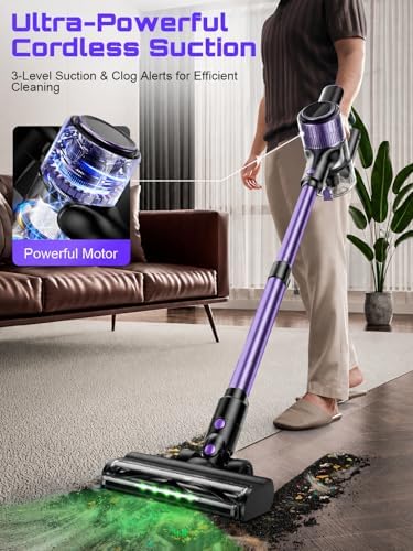 Cordless Vacuum Cleaner, 10 in 1 Stick Vacuum with Powerful Suction, Hose, Green LED Light, Anti-Tangle Brush, Lightweight Rechargeable Vacuum Cleaner for Home, Hardwood Floors,Pet Hair (Purple) - Image 2