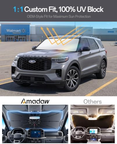 Windshield Sun Shade for Ford Explorer 2020–2026, Foldable Umbrella Sunshade with 100% UV Block, Multi-Layer Heat Insulation, Reinforced 10-Rib Frame, Keeps Car Cooler, Summer Car Accessory - Image 3