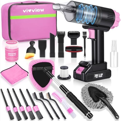 25pcs Car Cleaning Kit, Pink Interior Detailing Kit with High Power Vacuum Portable Cordless, Handheld Vacuum Cleaner for Home, Car, Pet Hair, Keyboard, Complete Auto Accessories for Gift by Vioview