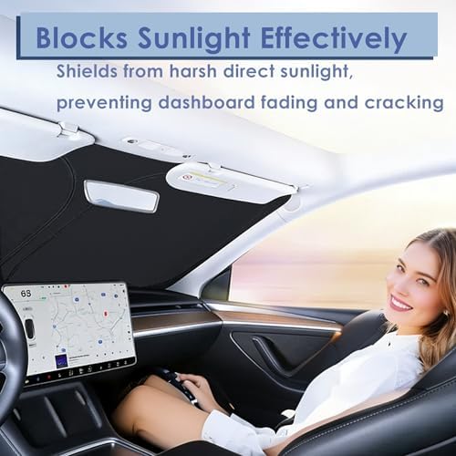 Windshield Sunshade for Tesla Model 3 & Model Y, Digital Printed Double-Sided Fabric Sun Visor, Silver Outside Black Inside UV Block Sunshade Compatible with 2017-2026 Model 3 2021-2026 Model Y - Image 3