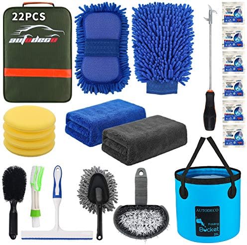22Pcs Car Wash Cleaning Tools Kit Car Detailing Set with Olive Green Canvas Bag Collapsible Bucket Wash Mitt Sponge Towels Tire Brush Window Scraper Duster Complete Interior Car Care Kit by AUTODECO