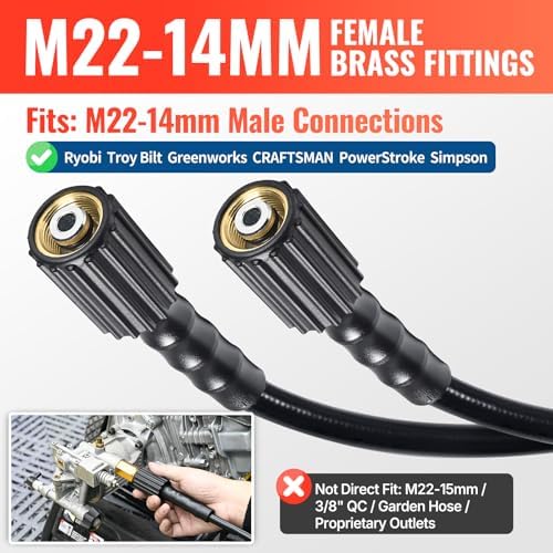 YAMATIC Pressure Washer Hose 50 FT 1/4", 3200 PSI, M22-14mm Females - Image 5