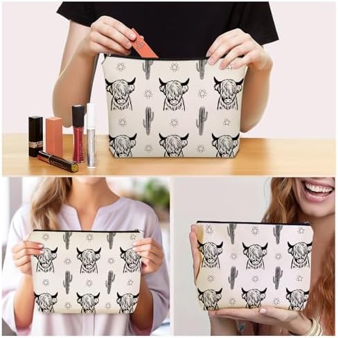 Western Highland Cow Themed Makeup Bag For Women & Teen Girls Travel Gifts | Small Cowgirl Cosmetic Bag & Toiletry Organizer Pouch, Aesthetic Cowgirl Print Stuff & Purses Christmas Birthday Gift for Her - Image 2