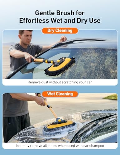 AstroAI 15°Curved Car Wash Brush with 43" Long Handle and 90° Rotating Replaceable Brush Head, Car Wash Kit with Microfiber Towel and Tire Brush for Car, SUV, RV, Floor Cleaning, Yellow - Image 7