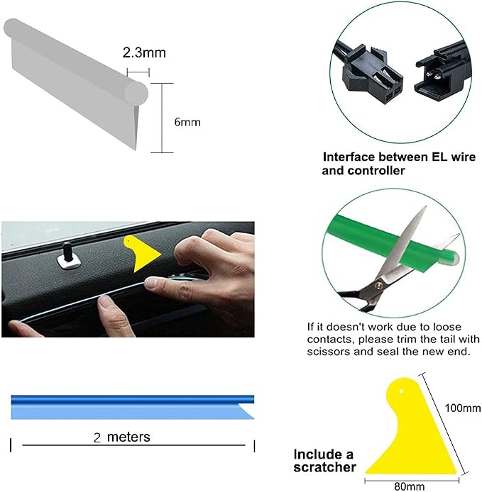 El Wire Blue Interior Car LED Strip Lights, 2M Neon Wire USB 5V with Fuse Protection for Automotive Interior Decoration, with 6mm Sewing Edge - Image 4
