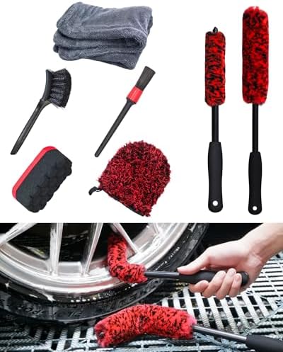 oesee Professional 4 Pack Long Handle Wheel Brush Kit for Cleaning Wheel and Tire- 2X Soft Wheel Cleaning Brush, Detailing Brush and Stiff Tire Brush, Bendable& Durable Wheel Rim Cleaner Brush Set by OeSee