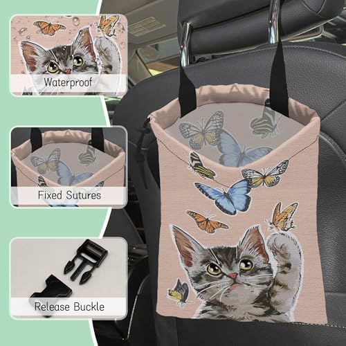Cute Cat Car Garbage Bag,Flying Butterflies Waterproof Small Car Trash Bag Hanging Back of Seat,Drawstring Hanging Car Trash Bag with Adjustable Buckle for Car Accessories - Image 5