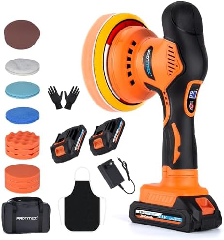Protmex Cordless Car Buffer Polisher w/ 2x2000mAh 21V Batteries, Orange by Protmex