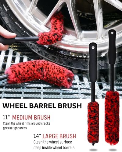 oesee Professional 4 Pack Long Handle Wheel Brush Kit for Cleaning Wheel and Tire- 2X Soft Wheel Cleaning Brush, Detailing Brush and Stiff Tire Brush, Bendable& Durable Wheel Rim Cleaner Brush Set - Image 2