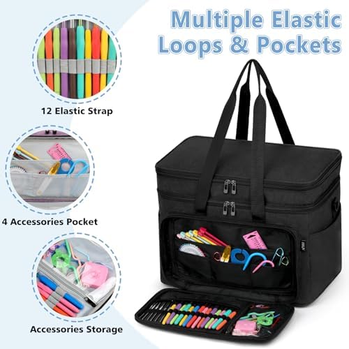 Crochet Organizer Bag with Yarn Holder, Large Yarn Storage for Accessories | 3PCS Crochet Knitting Bag with Accessory Pouch for Hooks, Needles, Travel Tote, Crochet Lovers, Gift for Crafters, No-Tangle - Image 4