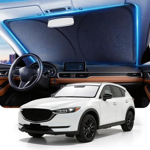 DMJN Front Windshield Sun Shade for Mazda CX5 (2017-2026), [Nano Ice-Crystal Coatings] UPF50+ Heat & UV Block, Protect Car Interior & Keep Cool, Flodable Steel-Ring Car Cover for Summer by DMJN
