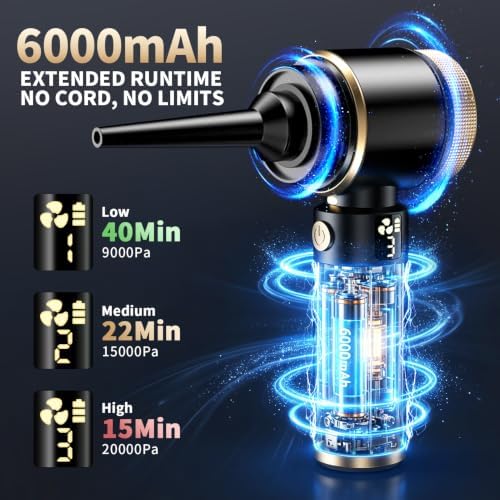 Car Vacuum, 20000PA Powerful Suction 6000mAh up to 40 Minutes Black - Image 3