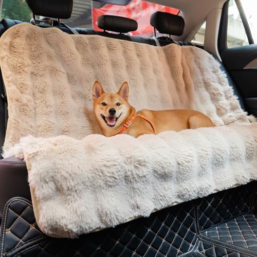 FUNNY FUZZY Luxurious Dog Car Seat Cover, Waterproof Backseat Protector | Faux Rabbit Fur, Full Backseat Cover, Non-Slip, Hair, Dirt & Scratch Defense, Machine Washable, Fits Cars, SUVs & Trucks by FUNNYFUZZY