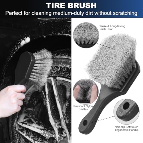 Car Wheel & Tire Brush Set, Wheel Cleaner Brush, Soft & Stiff Bristle Cleaning Brush, Wheel Brushes for Cleaning Wheels, Rim Brush for Car Body Exterior Surface, Carpet, Truck, SUV, RV, Motorcycle - Image 4