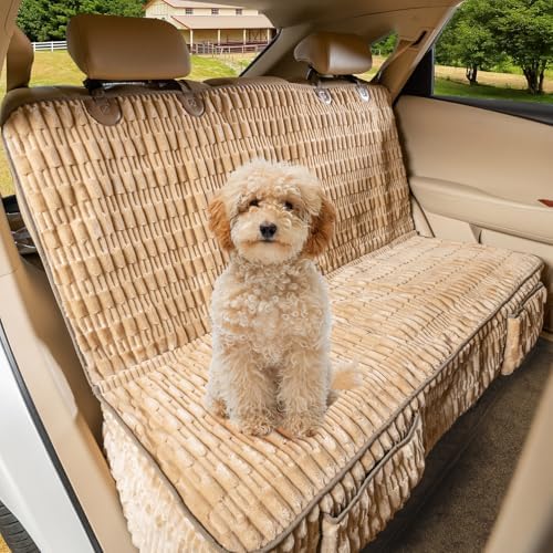 Dog Car Seat Cover, Soft Plush Waterproof Back Seat Protector, Tan | Non-Slip Backing, Full Bench Coverage, Hair, Dirt & Scratch Defense, Machine Washable, Fits Cars, SUVs & Trucks by YOVEEKLE