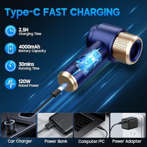 Handheld Car Vacuum Cleaner, 16000PA Hand Held Vacuum Portable Cordless, 2 in 1 Air Duster and Vacuum Cleaner with LED Light, Multi-Nozzles, 120W High Power Mini Vacuum for Home, Pet, Office - Image 4