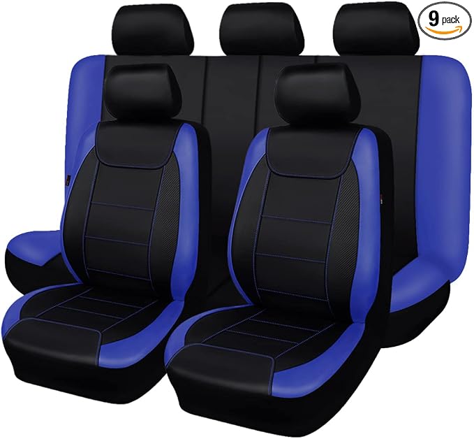 Flying Banner car seat Covers Protects Water Proof Faux Leather Carbon Fiber Front and Rear Bench (Blue Black, Full Set - 9PCS) by FlyingBanner