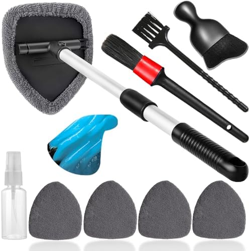 Qydipclin 10pcs Windshield Cleaner Tool, Car Window Cleaning Wash Kit with 4 Reusable Microfiber Pads 1 Spray Bottle and Extendable Handle Auto Glass Wiper Kit, Gray by Qydipclin