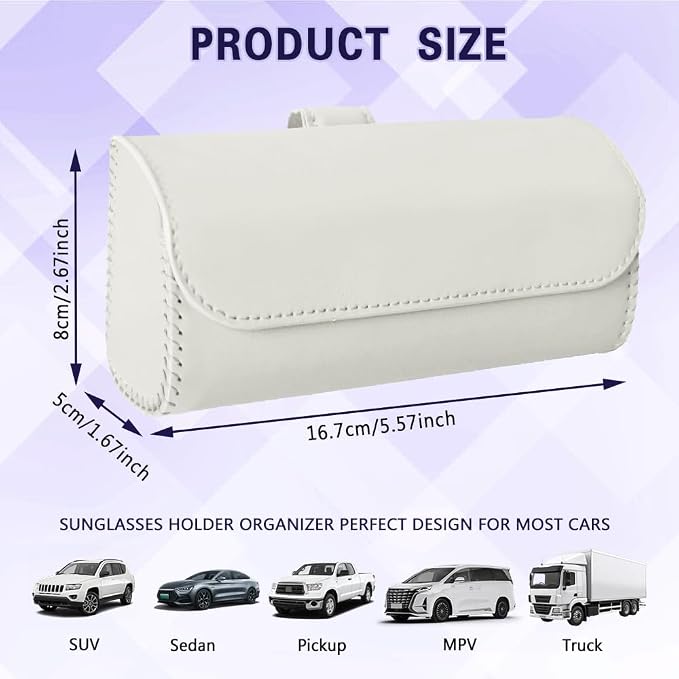 Sunglasses Holder for Car Sun Visor, Sunglass Organizer for Car, Magnetic Leather Eyeglasses Protective Storage Case, Waterproof Glasses Organizer Visor Accessories for Vehicles (White) - Image 2