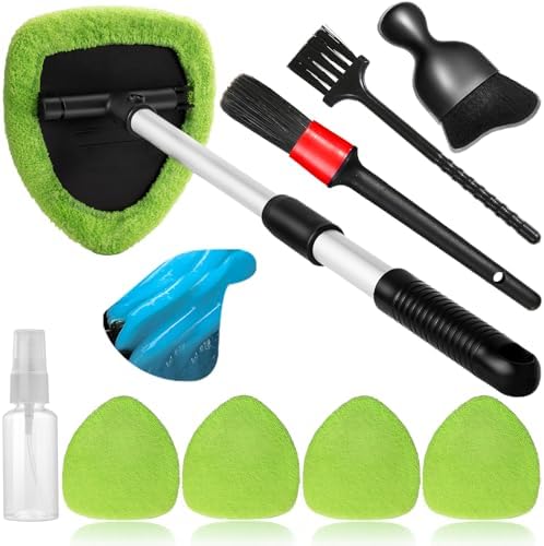 Qydipclin 10pcs Windshield Cleaner Tool, Car Window Cleaning Wash Kit with 4 Reusable Microfiber Pads 1 Spray Bottle and Extendable Handle Auto Glass Wiper Kit, Green by Qydipclin