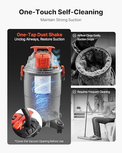 VEVOR Shop Vac, 8 Gallon Wet Dry Shop Vacuum, 4.5 Peak HP Portable with One-Button Self-Cleaning, Dual-Filter, 900W Input Power, 1.25in x 7ft Hose, 9.8ft Cord for Jobsite, Workshop, Garage, Home - Image 3