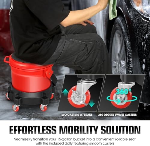 DNA MOTORING 5 Gallon Washing System Includes 15.5L Bucket, Filtration System Insert, Five Castor, Bucket Dolly, Mobile Detailing Station for Car Wash, Red, TOOLS-00602 - Image 5