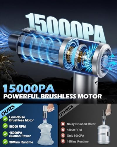 2026 Upgraded Handheld Car Vacuum, Cordless Car Vacuum Cleaner with 15000Pa Strong Suction, Brushless Motor & Filter, 7-in-1 Cleaning Kit, Type-C Charging for Home Office Car Pet (Silver) - Image 2