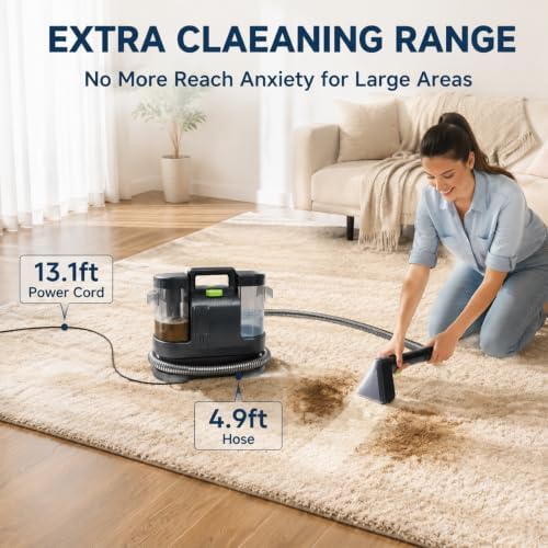 HAPOW Carpet Cleaner Machine, 18Kpa Portable Upholstery Cleaner for Couch Car fabric Furniture Mattress Area Rugs Pets Spot Extractor, with Dual Water Tanks, Cleaning Tool and Self Cleaning - Image 4