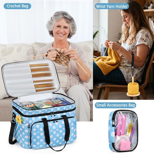 Crochet Organizer Bag with Yarn Holder, Large Yarn Storage for Accessories | 3PCS Crochet Knitting Bag with Accessory Pouch for Hooks, Needles, Travel Tote, Crochet Lovers, Gift for Crafters, No-Tangle - Image 2