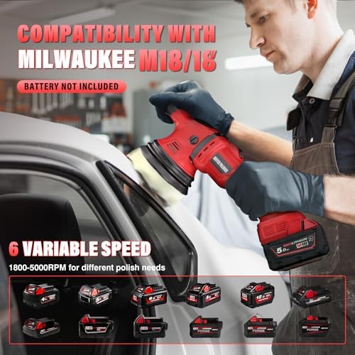 VERVEWAVE Cordless Buffer Polisher Kit for Milwaukee 18V/M18 Battery (No Battery), 6-Inch Orbital Car Polisher 6 Speed 1800—5500 RPM, 17PCS Polishing Accessories, for Car Polishing/Waxing (Tool Only) - Image 2