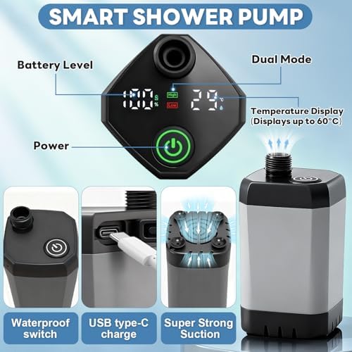 2026 Upgraded Portable Shower with Heater, 6000mAh Rechargeable Camping Shower Pump with LED Display, 3 Spray Modes 5 Gal Foldable Bucket, Outdoor Shower for Hiking RV Travel Pet Bath Car Washing - Image 3