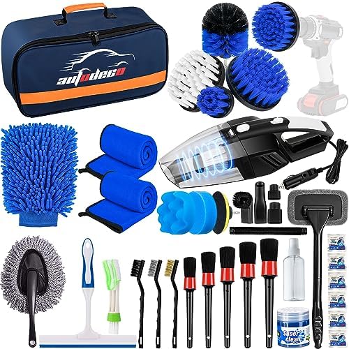 37Pcs Car Detailing Brush Set, Car Detailing Kit, Auto Detailing Drill Brush Set, Car Detailing Brushes, Car Wash Cleaning Tools Kit with Car Vacuum for Interior, Exterior, Wheels, Blue by AUTODECO