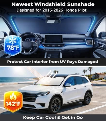 DMJN Front Windshield Sun Shade for Honda Pilot (2016-2026), [Nano Ice-Crystal Coatings] UPF50+ Heat & UV Block, Protect Car Interior & Keep Cool, Flodable Steel-Ring Car Cover for Summer - Image 2