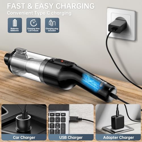 dormzie Handheld Vacuum Cordless, Car Vacuum with Powerful Suction,1.3 lbs Lightweight, Type-C Charge, Multiple Accessories for Car Home Office Pet - Image 5