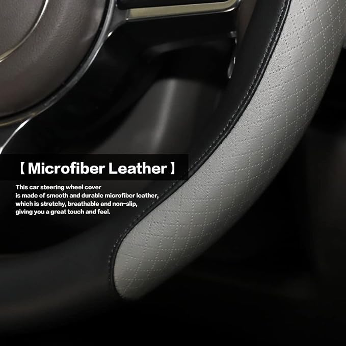 Steering Wheel Cover, Microfiber Leather Splicing with Classic Embossing,Contrasting Colors Anti-Slip Breathable Auto Car Steering Wheel Cover Fit 15 Inch Car Wheel Protector (Black&Gray) - Image 2