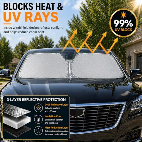 Cadillac ATS CT6 CTS XT5 XTS Windshield Sun Shade, Custom Fit Foldable Front Window Sunshade Visor, UV and Heat Blocking Interior Protector, Fits 2003–2025 Models - Image 2