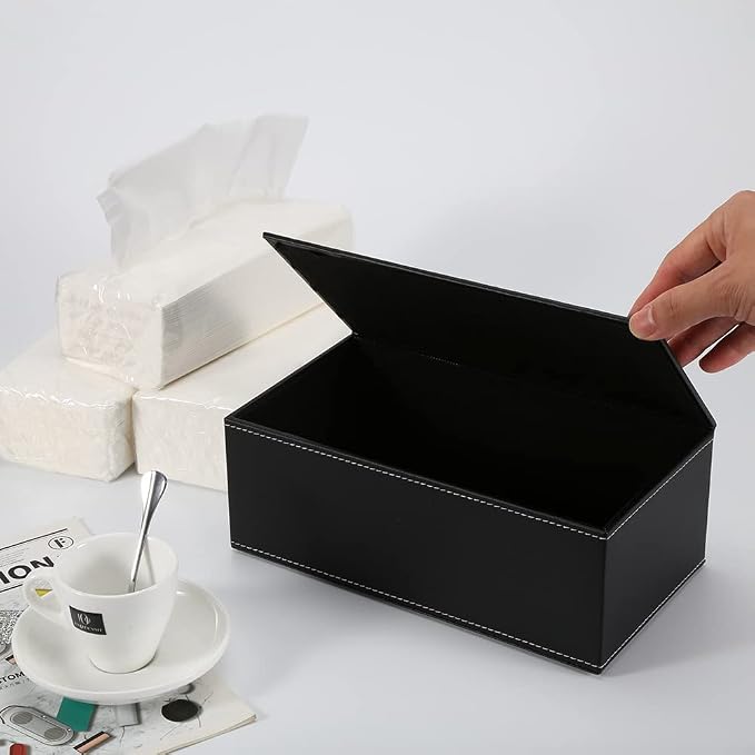KINGFOM Rectangular PU Leather Tissue Box Cover - Facial Tissue Paper Napkin Holder for Bathroom, Home, Office, Car Automotive Decoration with Magnetic Bottom(Black) - Image 5